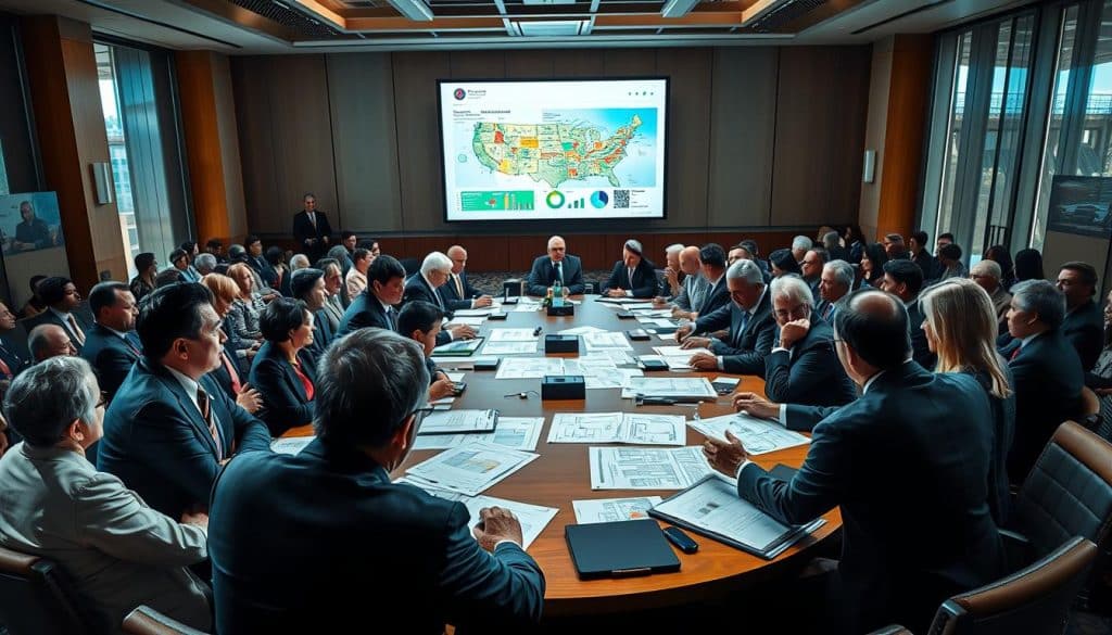 A bustling conference room filled with diverse politicians engaged in intense discussions around a large oval table covered with documents and blueprints. In the foreground, two men in professional business attire animatedly debate, their faces reflecting determination and urgency. A woman seated at the table takes notes, embodying focus and attentiveness. The middle ground features a large screen displaying colorful graphs and infrastructure layouts. In the background, large windows allow natural light to flood the room, casting soft shadows that enhance a serious but hopeful atmosphere. The color palette is balanced with earth tones, signifying stability, contrasted with hints of blue and green to symbolize growth and progress. The overall mood captures a sense of critical decision-making and bipartisan effort amidst underlying tension.