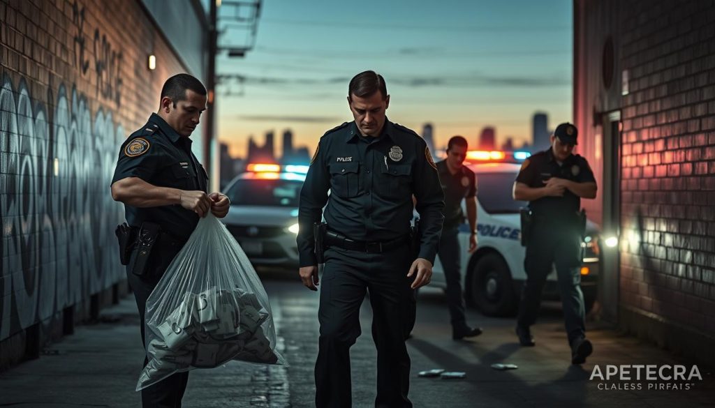 A dramatic scene of a law enforcement drug bust in a dimly lit urban alley, focusing on several uniformed police officers in professional attire as they investigate a stash of illegal substances. In the foreground, an officer is holding a large evidence bag filled with fentanyl packets, while another officer examines evidence on the ground. In the middle ground, a police vehicle with flashing lights creates a sense of urgency as it parks nearby. The background features a graffiti-covered wall and a faint silhouette of a city skyline at dusk, casting long shadows. The lighting is moody, with high contrast, emphasizing the seriousness of the situation, evoking a tense and urgent atmosphere. A dramatic scene of a law enforcement drug bust in a dimly lit urban alley, focusing on several uniformed police officers in professional attire as they investigate a stash of illegal substances. In the foreground, an officer is holding a large evidence bag filled with fentanyl packets, while another officer examines evidence on the ground. In the middle ground, a police vehicle with flashing lights creates a sense of urgency as it parks nearby. The background features a graffiti-covered wall and a faint silhouette of a city skyline at dusk, casting long shadows. The lighting is moody, with high contrast, emphasizing the seriousness of the situation, evoking a tense and urgent atmosphere.