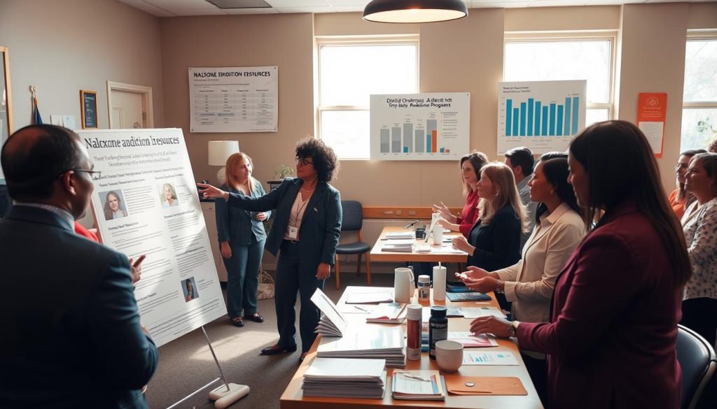 A vibrant community center scene focused on opioid epidemic prevention programs. In the foreground, a diverse group of people in professional attire engages in a workshop, with a facilitator pointing to an educational poster about naloxone and addiction resources. In the middle ground, there are tables with informational pamphlets and health supplies, while a chart showing declining overdose statistics hangs on the wall. The background features windows with bright natural light streaming in, illuminating the room and creating an inviting atmosphere. Soft, warm lighting enhances the feeling of hope and collaboration. The image should evoke a sense of empowerment and progress in combating addiction, promoting community engagement and support. A vibrant community center scene focused on opioid epidemic prevention programs. In the foreground, a diverse group of people in professional attire engages in a workshop, with a facilitator pointing to an educational poster about naloxone and addiction resources. In the middle ground, there are tables with informational pamphlets and health supplies, while a chart showing declining overdose statistics hangs on the wall. The background features windows with bright natural light streaming in, illuminating the room and creating an inviting atmosphere. Soft, warm lighting enhances the feeling of hope and collaboration. The image should evoke a sense of empowerment and progress in combating addiction, promoting community engagement and support.