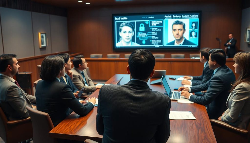 A courtroom scene depicting a facial recognition lawsuit in 2024. In the foreground, a diverse group of professionals dressed in smart business attire is engaged in a serious discussion at a conference table, with laptops and legal documents scattered around. In the middle, a large digital screen displays facial recognition data, with highlighted faces and privacy-related graphics, illustrating the technology's complexities. In the background, the courtroom ambiance includes silhouettes of a judge and jury, with soft, dramatic lighting emphasizing the tension of the legal proceedings. The atmosphere is intense and thought-provoking, capturing the gravity of consumer lawsuits and the ethical questions surrounding facial recognition technology. The perspective is slightly angled, giving depth to the courtroom setting. A courtroom scene depicting a facial recognition lawsuit in 2024. In the foreground, a diverse group of professionals dressed in smart business attire is engaged in a serious discussion at a conference table, with laptops and legal documents scattered around. In the middle, a large digital screen displays facial recognition data, with highlighted faces and privacy-related graphics, illustrating the technology's complexities. In the background, the courtroom ambiance includes silhouettes of a judge and jury, with soft, dramatic lighting emphasizing the tension of the legal proceedings. The atmosphere is intense and thought-provoking, capturing the gravity of consumer lawsuits and the ethical questions surrounding facial recognition technology. The perspective is slightly angled, giving depth to the courtroom setting.