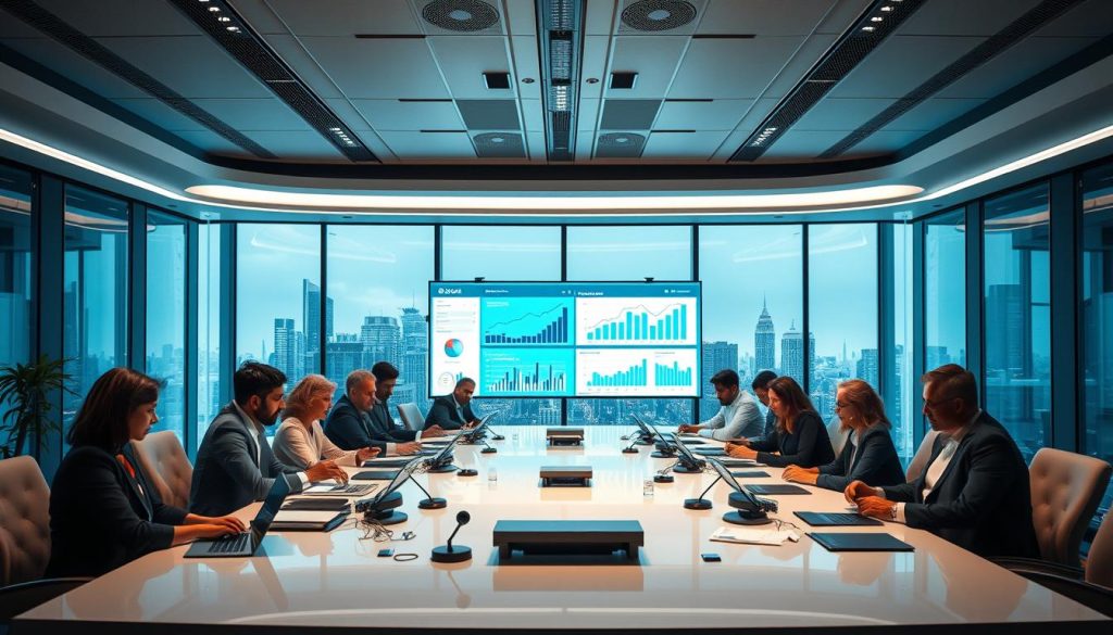 A futuristic office space illuminated by soft overhead lighting, featuring a large conference table at the forefront. Seated around the table are diverse professionals in business attire engaged in a lively discussion, examining digital devices and security reports. In the middle ground, screens display graphs and analytics related to online platform regulation, depicting a blend of technology and policy strategies. The background shows large windows with a city skyline, hinting at the vast landscape of digital communication. The atmosphere is intense yet collaborative, conveying a sense of urgency and innovation in tackling online crime. The scene is shot from a slightly elevated angle to capture the dynamics of the meeting.