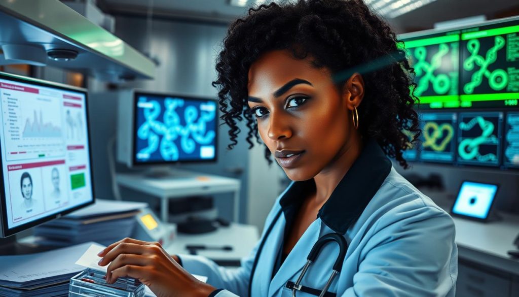 A focused laboratory scene depicting a forensic genealogist in a modern, high-tech lab. In the foreground, a diverse female genealogist in professional attire adjusts DNA sequencing equipment, her expression intense and inquisitive. The middle ground features open files, DNA samples in secure containers, and high-resolution images of genetic markers displayed on digital screens, showcasing intricate details. The background is filled with sleek lab equipment and charts illustrating genetic ancestry data, with soft blue and green lighting enhancing the clinical atmosphere. A slight lens flare from a nearby bright screen adds dynamism, while the overall mood conveys a sense of breakthrough and innovation in solving cold cases.