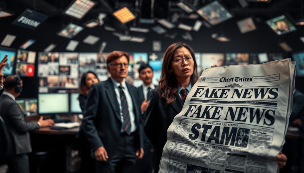 A striking image illustrating "fake news," featuring a large, crumpled newspaper in the foreground, displaying misleading headlines and sensationalist images. In the middle ground, a group of diverse individuals in professional business attire, engaged in a heated discussion, showcase expressions of confusion and frustration. The background shows a chaotic newsroom filled with monitors and chaotic reports swirling around, symbolizing the tumult of media. The lighting is dramatic, with strong contrasts between shadows and highlights, creating an intense atmosphere that emphasizes the urgency of media regulation and free speech. Use a slightly blurred focus on the background to draw attention to the newspaper and the individuals in the foreground, capturing the tension surrounding the topic.